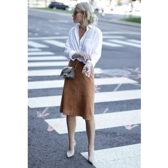 Vintage Danier Suede Leather Camel Tan High Rise Mini Midi Preppy Pencil Skirt - Picture 10 of 14